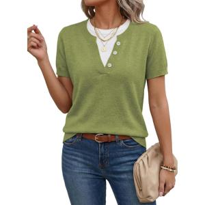 image:imageSHEWIN Womens Sweaters Short Sleeve Color Block Tops Lightweight Summer Spring Shirts Business Casual PulloversGreen