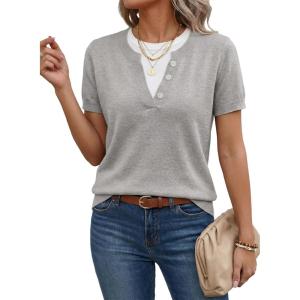 image:imageSHEWIN Womens Sweaters Short Sleeve Color Block Tops Lightweight Summer Spring Shirts Business Casual PulloversGrey