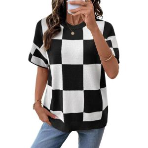 image:imageSHEWIN Womens Tops Crewneck Plaid Short Sleeve Sweater Vest Spring Outfits for Women 2026Black