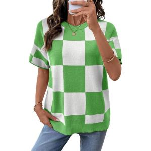 image:imageSHEWIN Womens Tops Crewneck Plaid Short Sleeve Sweater Vest Spring Outfits for Women 2026Green