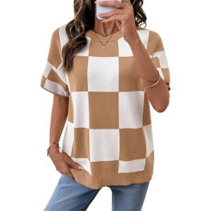 image:imageSHEWIN Womens Tops Crewneck Plaid Short Sleeve Sweater Vest Spring Outfits for Women 2026Khaki