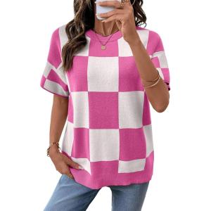 image:imageSHEWIN Womens Tops Crewneck Plaid Short Sleeve Sweater Vest Spring Outfits for Women 2026Rose Pink