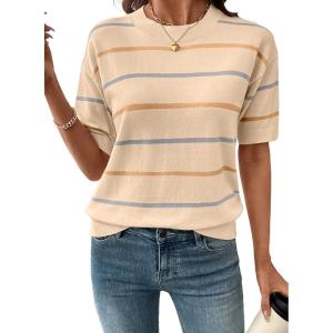 image:imageSHEWIN Womens Tops Crewneck Short Sleeve Sweater Pullover Knit Striped Shirt Spring Outfits for Women 2026Apricot