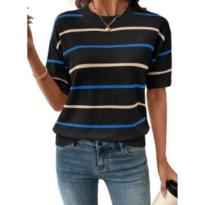 image:imageSHEWIN Womens Tops Crewneck Short Sleeve Sweater Pullover Knit Striped Shirt Spring Outfits for Women 2026Black