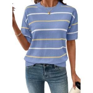 image:imageSHEWIN Womens Tops Crewneck Short Sleeve Sweater Pullover Knit Striped Shirt Spring Outfits for Women 2026Blue
