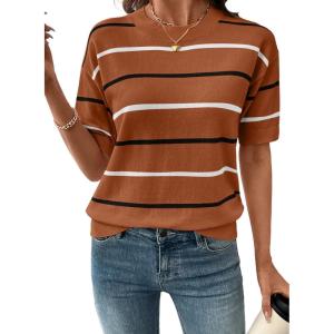 image:imageSHEWIN Womens Tops Crewneck Short Sleeve Sweater Pullover Knit Striped Shirt Spring Outfits for Women 2026Brown