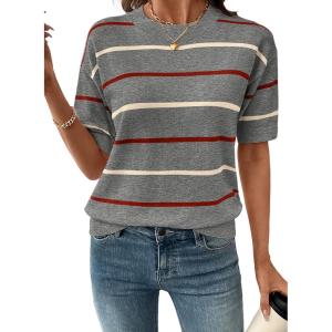 image:imageSHEWIN Womens Tops Crewneck Short Sleeve Sweater Pullover Knit Striped Shirt Spring Outfits for Women 2026Gray