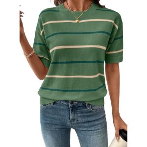 image:imageSHEWIN Womens Tops Crewneck Short Sleeve Sweater Pullover Knit Striped Shirt Spring Outfits for Women 2026Green