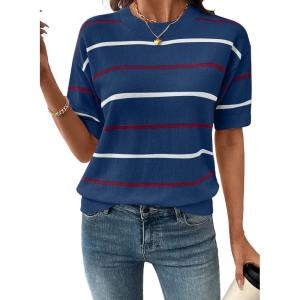 image:imageSHEWIN Womens Tops Crewneck Short Sleeve Sweater Pullover Knit Striped Shirt Spring Outfits for Women 2026Navy Blue