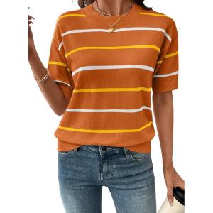 image:imageSHEWIN Womens Tops Crewneck Short Sleeve Sweater Pullover Knit Striped Shirt Spring Outfits for Women 2026Orange