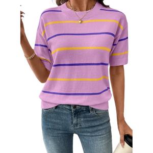 image:imageSHEWIN Womens Tops Crewneck Short Sleeve Sweater Pullover Knit Striped Shirt Spring Outfits for Women 2026Purple