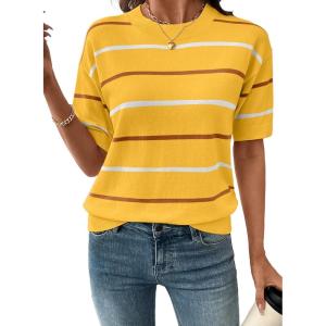 image:imageSHEWIN Womens Tops Crewneck Short Sleeve Sweater Pullover Knit Striped Shirt Spring Outfits for Women 2026Yellow