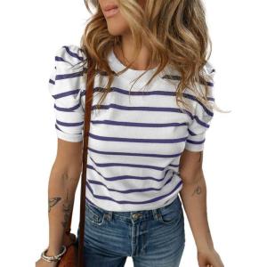 image:imageSHEWIN Womens Tops Short Sleeve Sweater Shirts for Women Striped Knit T Shirts Crewneck Summer TopsB Blue