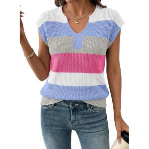 image:imageSHEWIN Womens Tops V Neck Short Sleeve Sweater Striped Color Block Pullover Cap Sleeve ShirtsBeau Blue