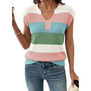 image:imageSHEWIN Womens Tops V Neck Short Sleeve Sweater Striped Color Block Pullover Cap Sleeve ShirtsGrass Green