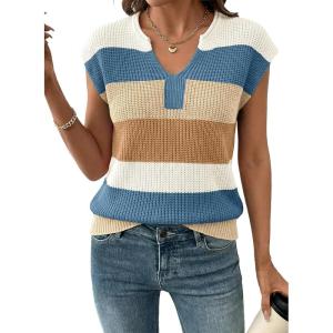 image:imageSHEWIN Womens Tops V Neck Short Sleeve Sweater Striped Color Block Pullover Cap Sleeve ShirtsKhaki