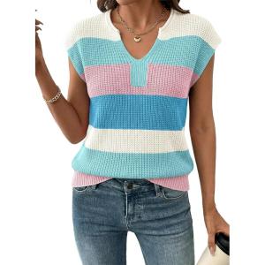 image:imageSHEWIN Womens Tops V Neck Short Sleeve Sweater Striped Color Block Pullover Cap Sleeve ShirtsLight Blue