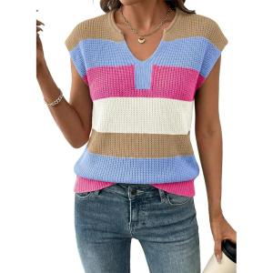 image:imageSHEWIN Womens Tops V Neck Short Sleeve Sweater Striped Color Block Pullover Cap Sleeve ShirtsMist Blue