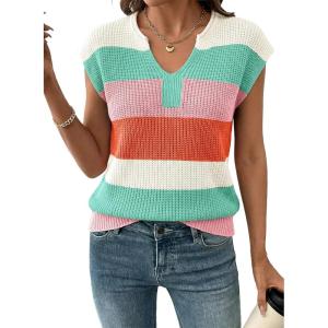 image:imageSHEWIN Womens Tops V Neck Short Sleeve Sweater Striped Color Block Pullover Cap Sleeve ShirtsOrange