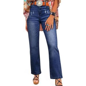 image:imageSHEWIN Straight Leg Jeans for Women Trendy High Rise Tapered Flare Jeans Stretchy Wide Leg Ankle Denim Pants with PocketsBluing