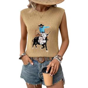 image:imageSHEWIN Womens Western Sweater Vest Crewneck Sleeveless Tops Cowgirl Casual Embroidered Tank Top 2026Beige