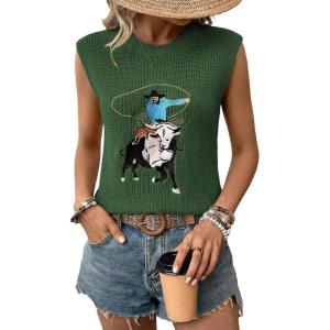image:imageSHEWIN Womens Western Sweater Vest Crewneck Sleeveless Tops Cowgirl Casual Embroidered Tank Top 2026Green