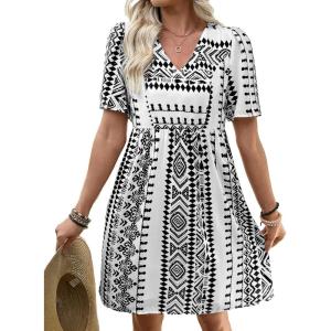 image:imageSHEWIN Dresses for Women Geometric Print Loose Fit V Neck Short Sleeve Summer Dress Beach Vacation 2026 TrendyBlack