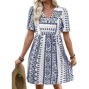 image:imageSHEWIN Dresses for Women Geometric Print Loose Fit V Neck Short Sleeve Summer Dress Beach Vacation 2026 TrendyBlue