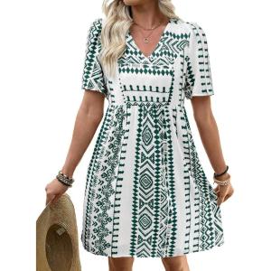 image:imageSHEWIN Dresses for Women Geometric Print Loose Fit V Neck Short Sleeve Summer Dress Beach Vacation 2026 TrendyGreen