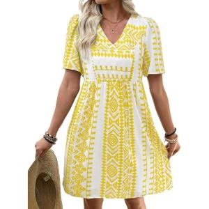 image:imageSHEWIN Dresses for Women Geometric Print Loose Fit V Neck Short Sleeve Summer Dress Beach Vacation 2026 TrendyYellow