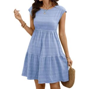 image:imageSHEWIN Women Summer Casual Mini Dress Lightweight Textured Boho Sundress with Pocket 2026Blue