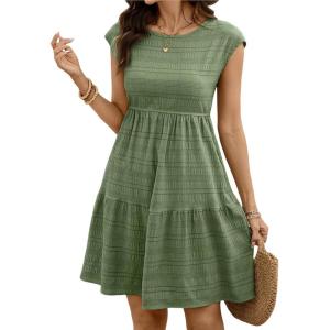 image:imageSHEWIN Women Summer Casual Mini Dress Lightweight Textured Boho Sundress with Pocket 2026Green