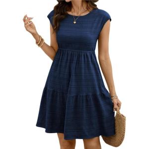 image:imageSHEWIN Women Summer Casual Mini Dress Lightweight Textured Boho Sundress with Pocket 2026Navy Blue