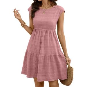 image:imageSHEWIN Women Summer Casual Mini Dress Lightweight Textured Boho Sundress with Pocket 2026Pink