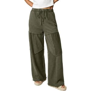 image:imageSHEWIN Women WashedOut Effect Fabric Pants Stretchy Wide Leg Trousers 2026Green