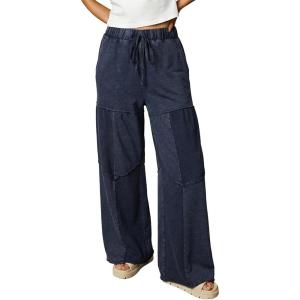 image:imageSHEWIN Women WashedOut Effect Fabric Pants Stretchy Wide Leg Trousers 2026Navy Blue