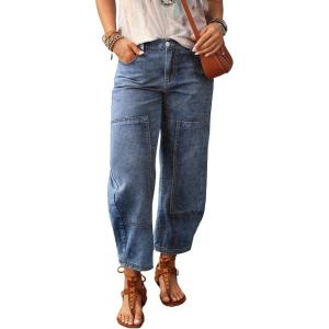 image:imageSHEWIN Womens Washed High Rise Barrel Jeans Elastic Waist Cropped Tapered Balloon Denim Ankle PantsAshleigh Blue