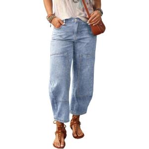image:imageSHEWIN Womens Washed High Rise Barrel Jeans Elastic Waist Cropped Tapered Balloon Denim Ankle PantsBeau Blue