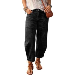 image:imageSHEWIN Womens Washed High Rise Barrel Jeans Elastic Waist Cropped Tapered Balloon Denim Ankle PantsBlack
