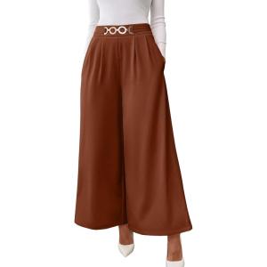 image:imageSHEWIN Womens Wide Leg Dress Palazzo Pants Elastic High Waisted Pleated Slacks Flowy Long Work Business Casual TrousersRed Brown