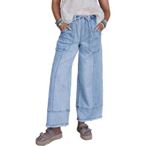 image:imageSHEWIN Womens Wide Leg Jeans High Waisted Baggy Jeans Stretchy Drawstring Denim PantsBeau Blue