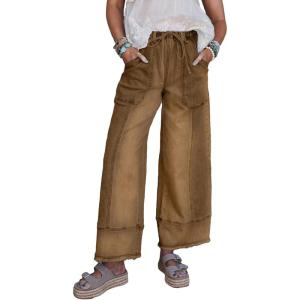 image:imageSHEWIN Womens Wide Leg Jeans High Waisted Baggy Jeans Stretchy Drawstring Denim PantsChestnut