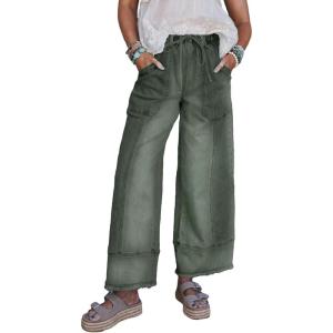 image:imageSHEWIN Womens Wide Leg Jeans High Waisted Baggy Jeans Stretchy Drawstring Denim PantsDuffel Green