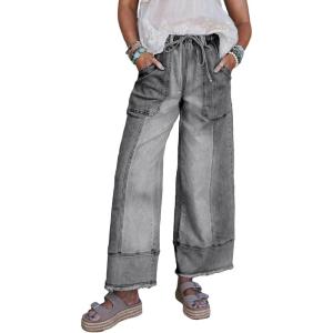 image:imageSHEWIN Womens Wide Leg Jeans High Waisted Baggy Jeans Stretchy Drawstring Denim PantsGray