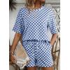 image:imageSHEWIN Womens Plaid 2 Piece Short Sets 2026 Lounge Beach Travel Vacation Outfits Matching Shorts Sweatsuit with PocketsBlue