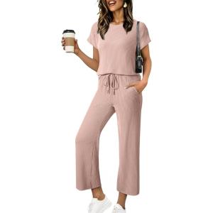 image:imageSHEWIN Women Casual Two Piece Sets Ribbed Knit Outfits Airport Pant Clothes 2026Beige