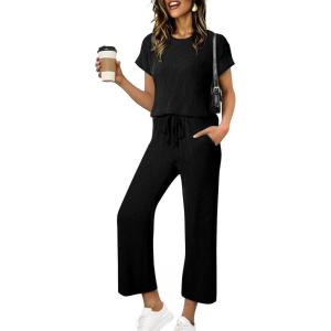 image:imageSHEWIN Women Casual Two Piece Sets Ribbed Knit Outfits Airport Pant Clothes 2026Black