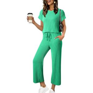 image:imageSHEWIN Women Casual Two Piece Sets Ribbed Knit Outfits Airport Pant Clothes 2026Green