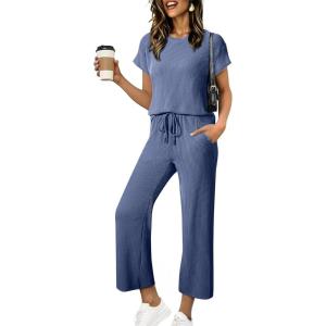 image:imageSHEWIN Women Casual Two Piece Sets Ribbed Knit Outfits Airport Pant Clothes 2026Navy Blue