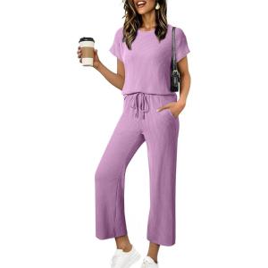 image:imageSHEWIN Women Casual Two Piece Sets Ribbed Knit Outfits Airport Pant Clothes 2026Purple